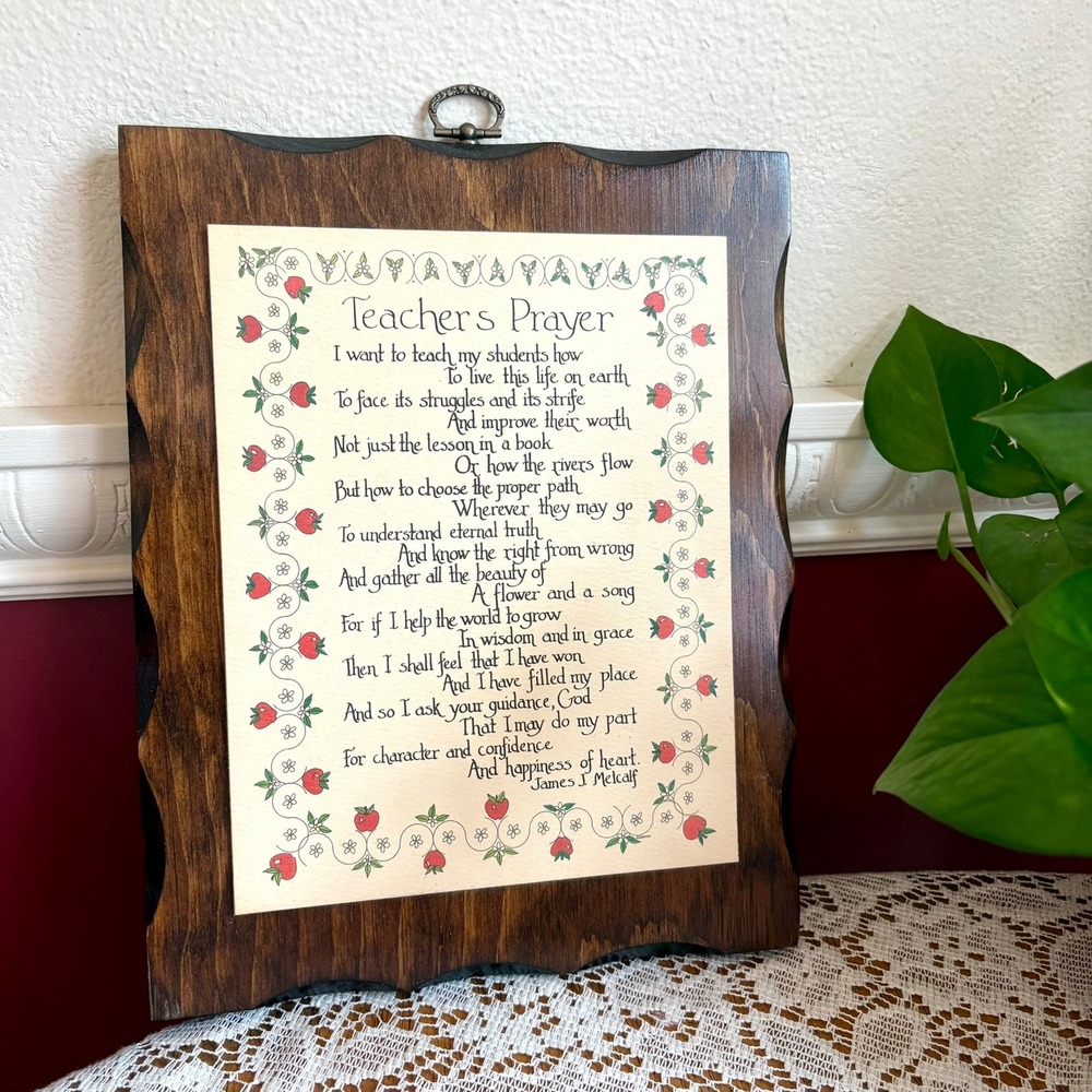 Vintage Teachers Prayer Wood Wall Art James J Metcalf Apple Border Cottage Decor